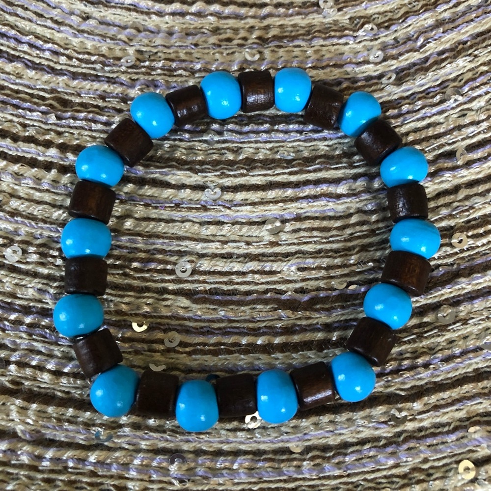 Stackable Turquoise and Brown Wooden Beaded Bracelet